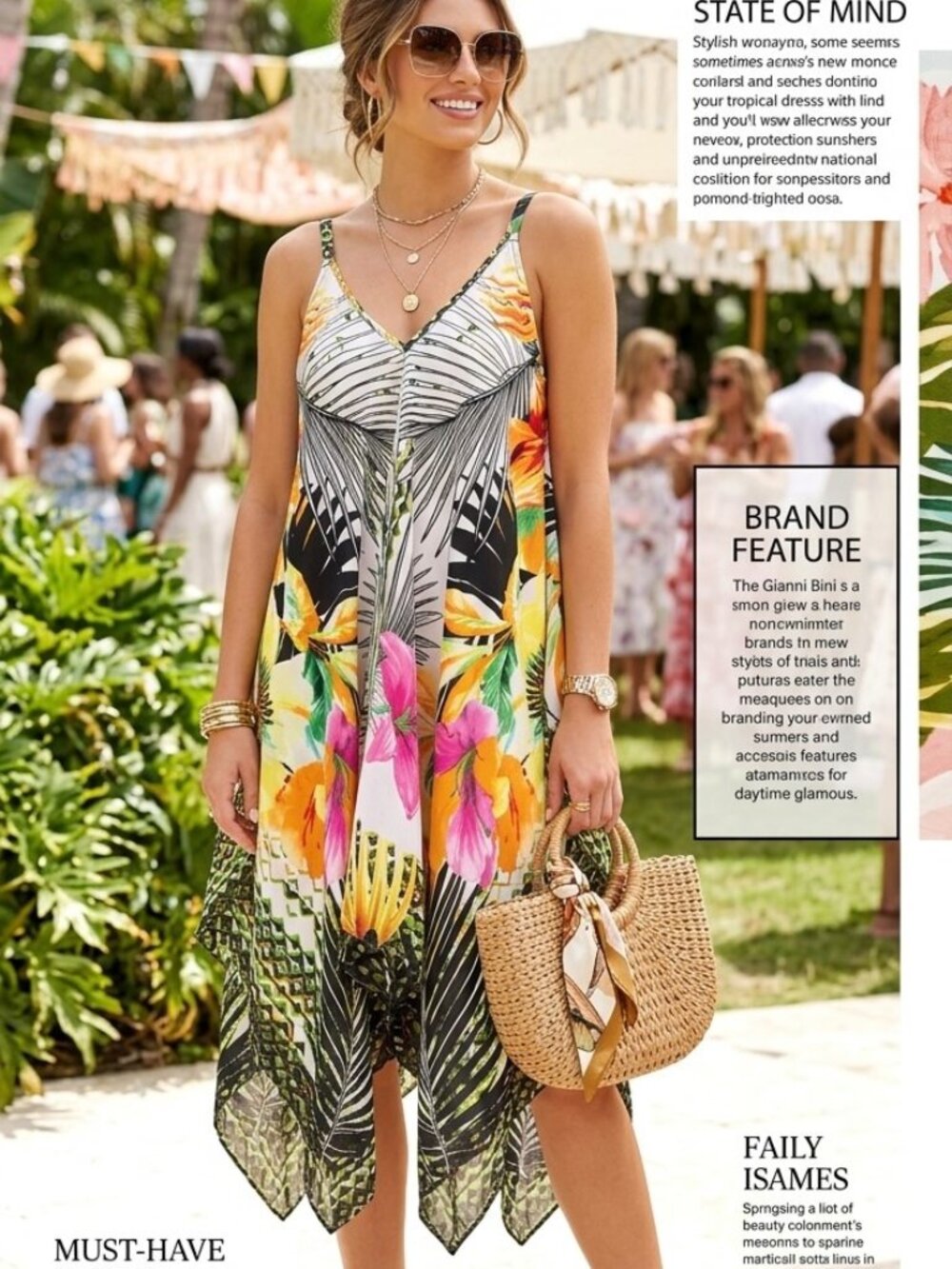 Unique Spectrum Tropical Print Handkerchief Hemline Adjustable Strap Dress